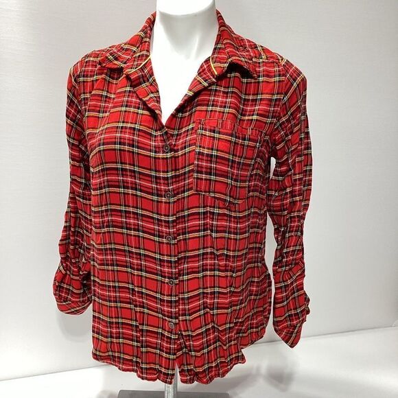 Kut From The Kloth Flannel Print Button Down Red Rayon Women’s Shirt - Picture 1 of 7